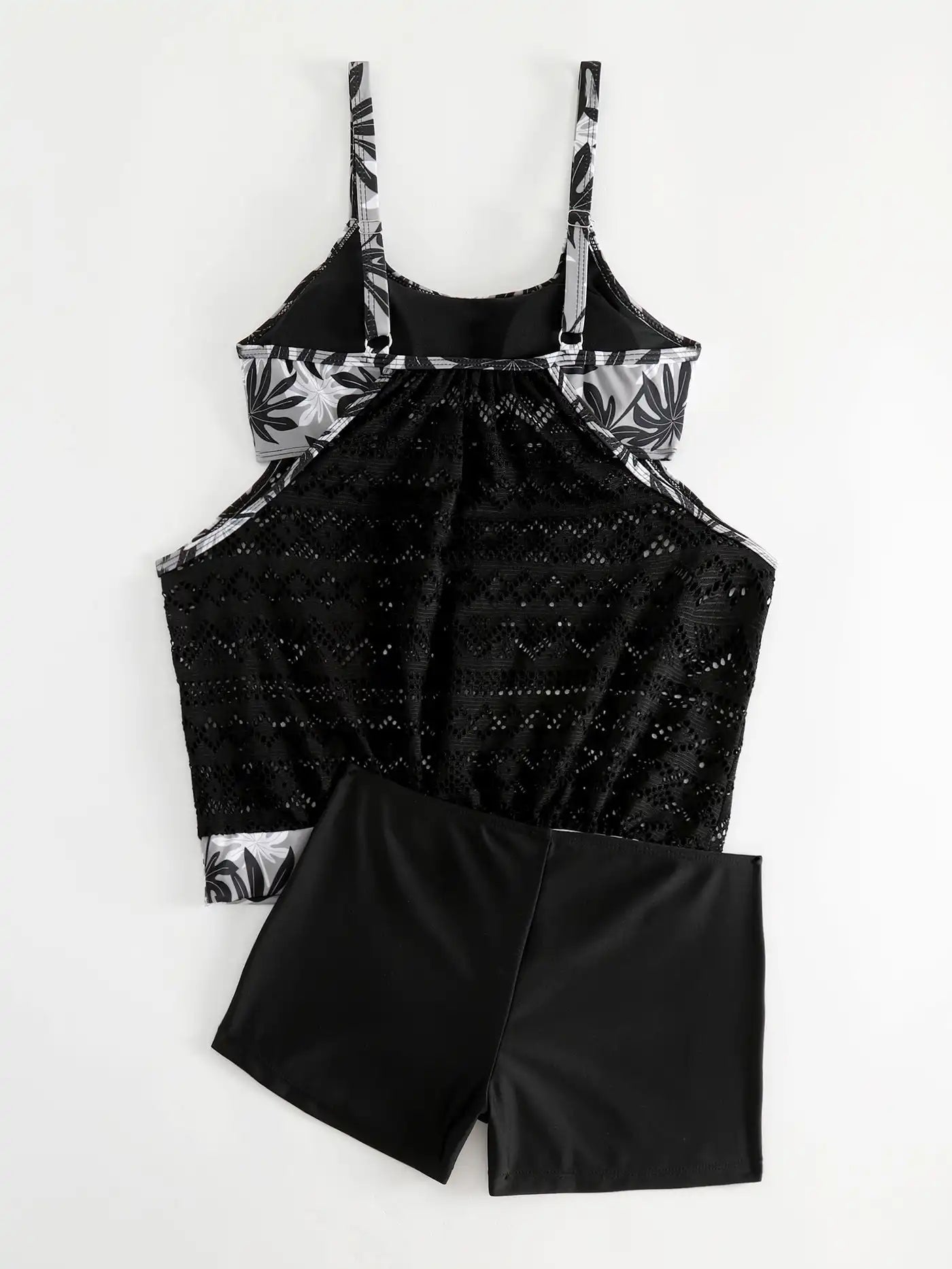 Women's Boho Floral Print Mesh Tankini Set with Suspender Shorts - Sexy Beach Swimwear