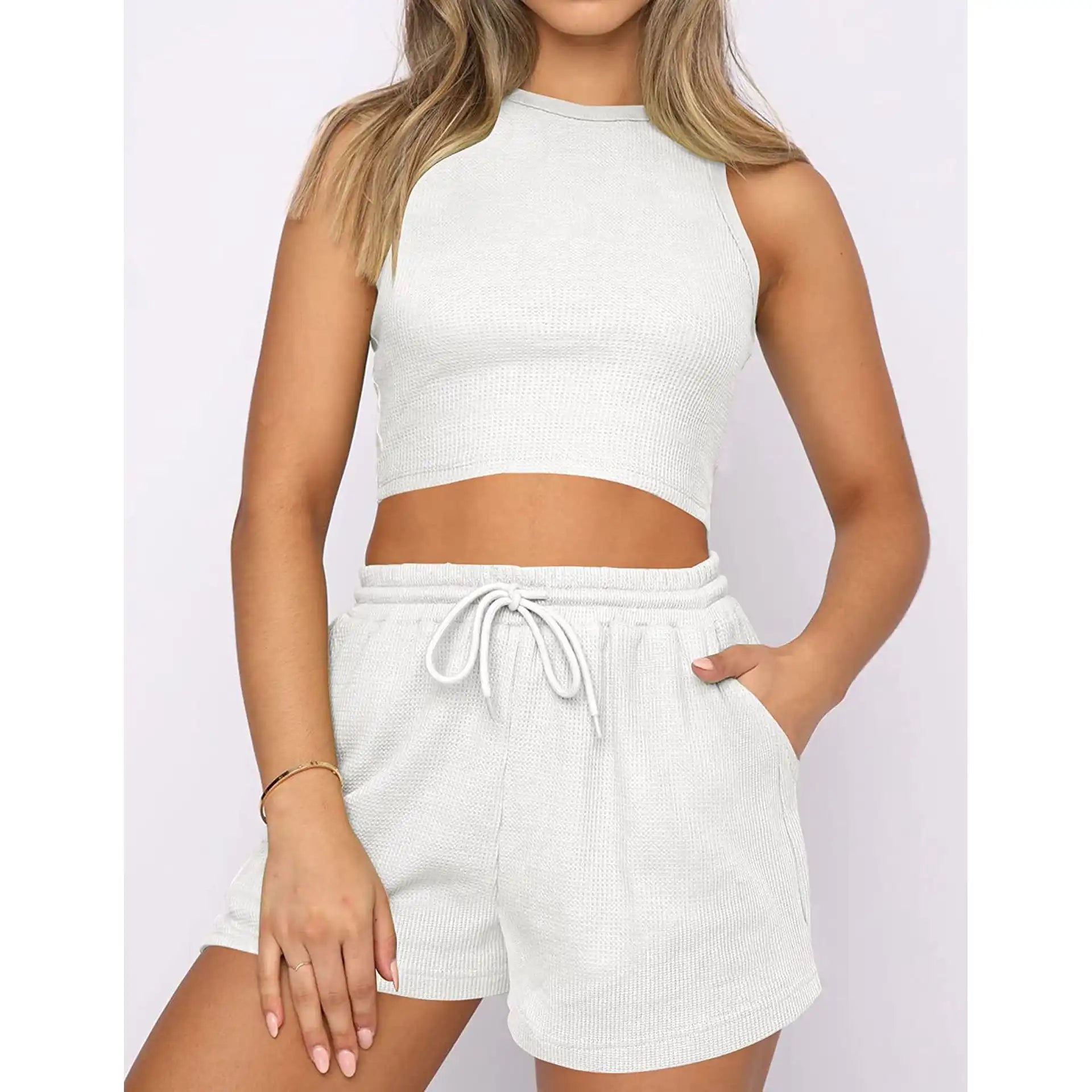 Women's Casual Waffle Tank and Shorts Set