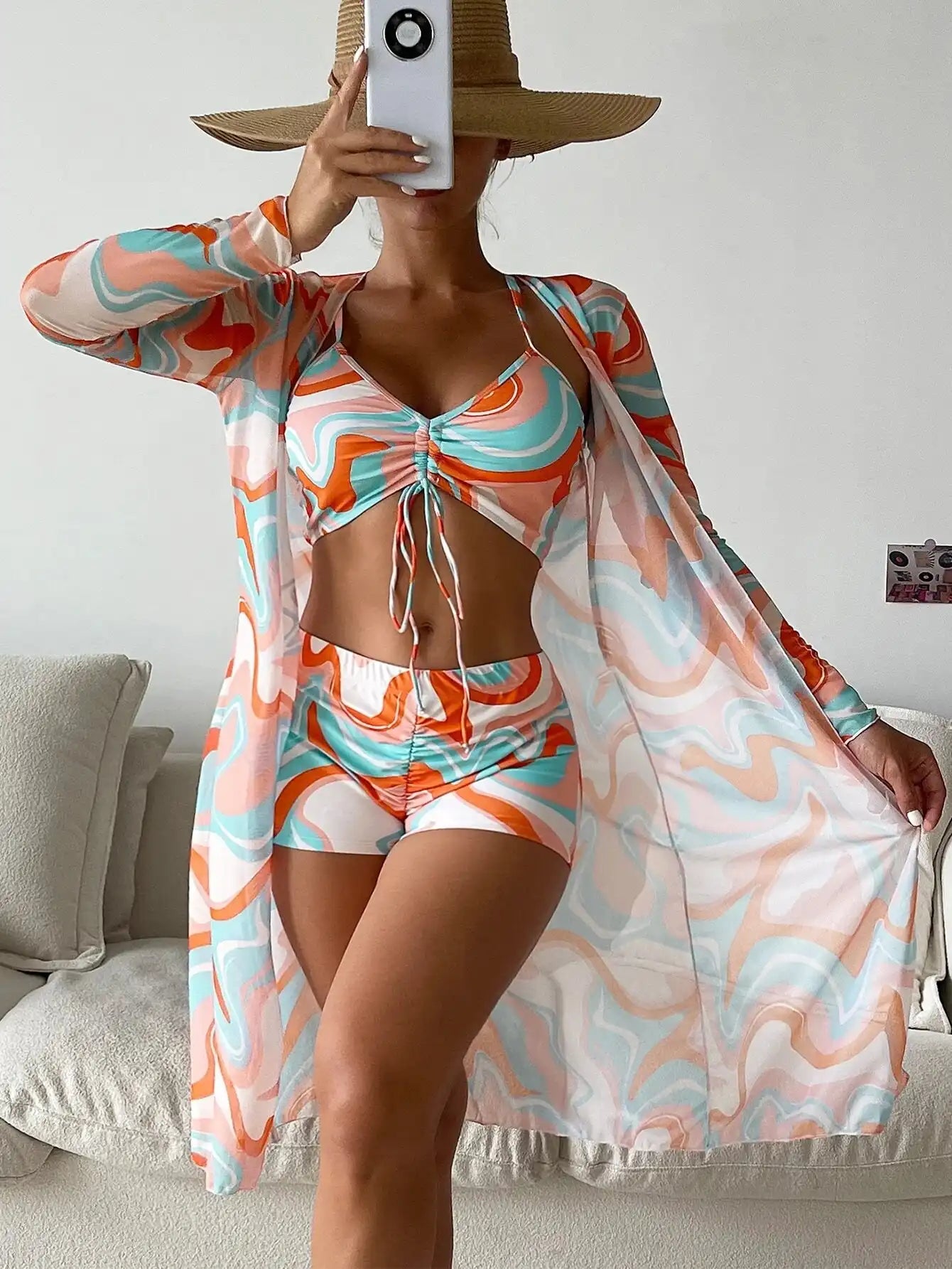Women's Tropical Print 3-Piece Bikini Set - High Waist & Long Sleeve