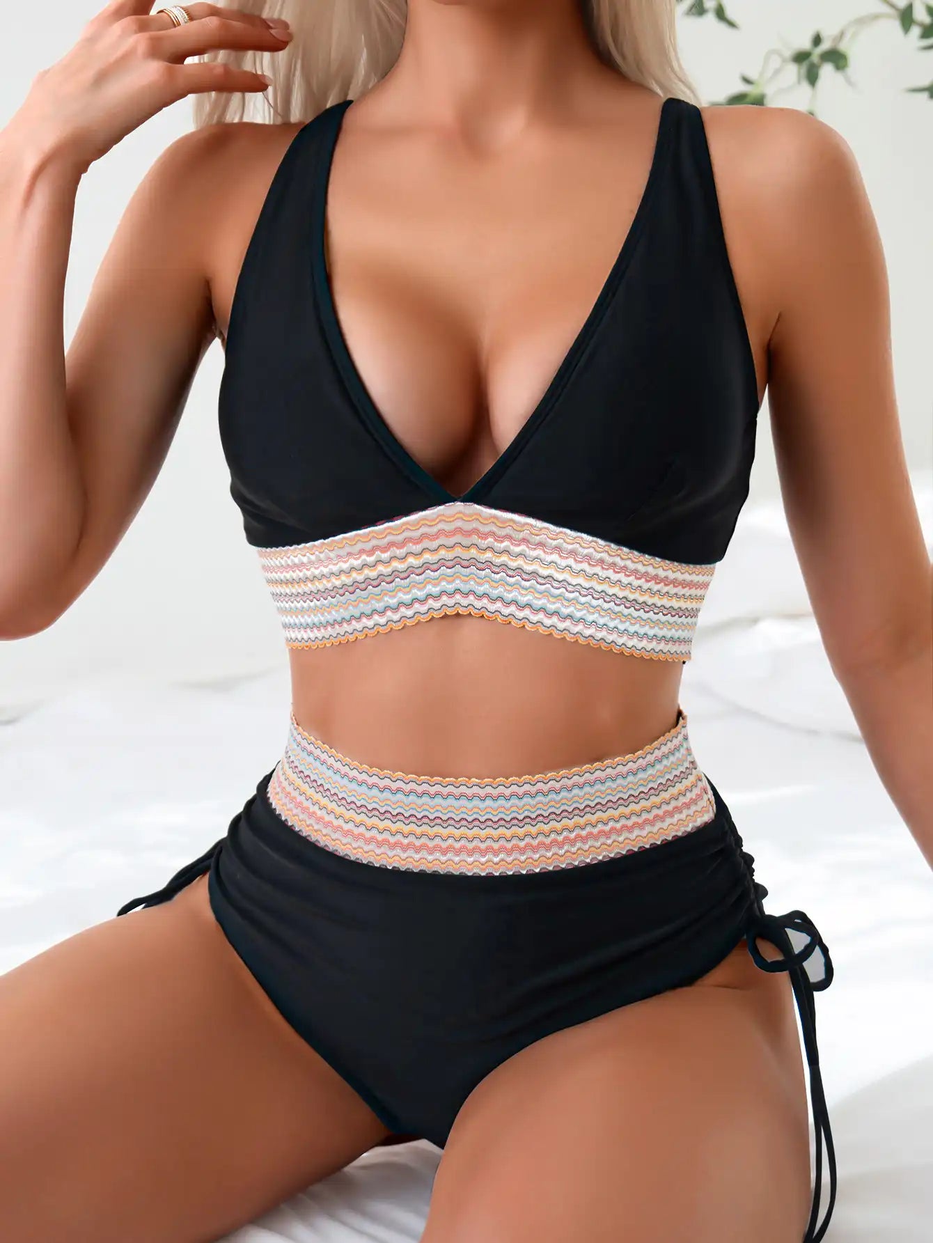 Women's Color Block Push-up High Waist Tummy Control Bikini Set