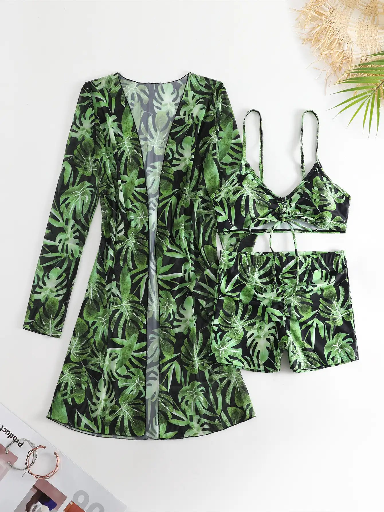 Women's Tropical Print 3-Piece Bikini Set - High Waist & Long Sleeve