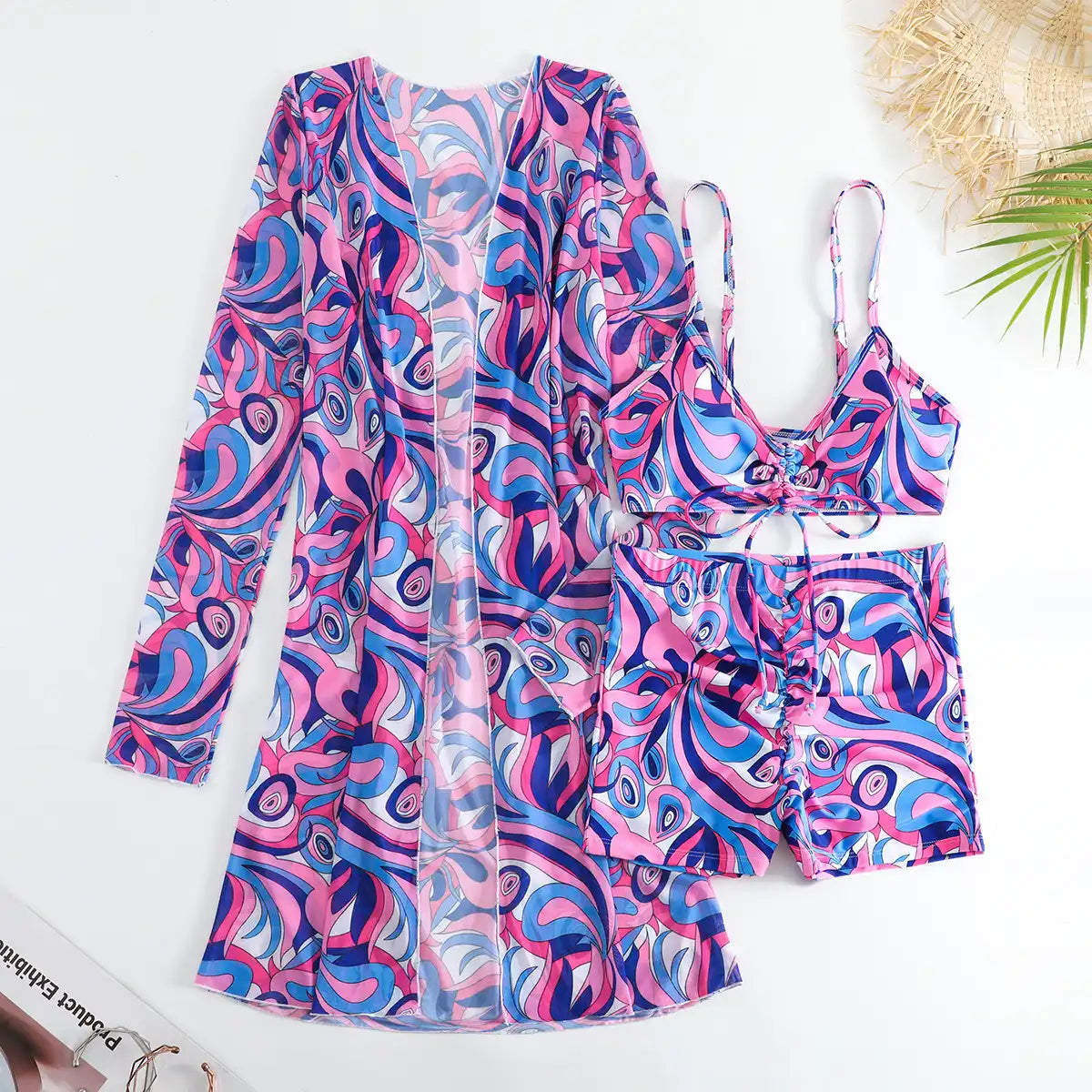 Women's Tropical Print 3-Piece Bikini Set - High Waist & Long Sleeve