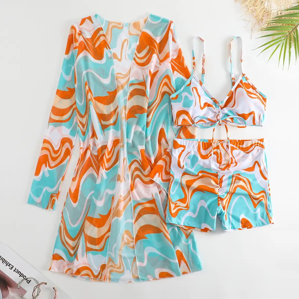 Women's Tropical Print 3-Piece Bikini Set - High Waist & Long Sleeve