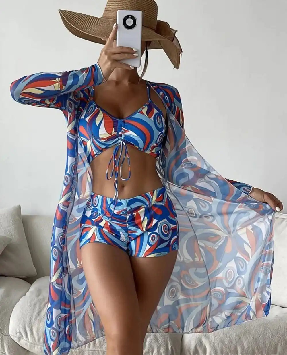 Women's Tropical Print 3-Piece Bikini Set - High Waist & Long Sleeve