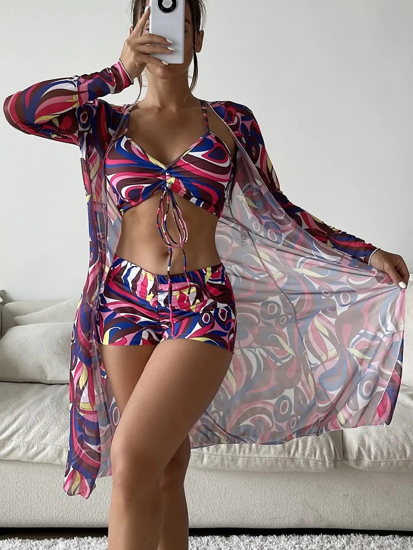 Women's Tropical Print 3-Piece Bikini Set - High Waist & Long Sleeve