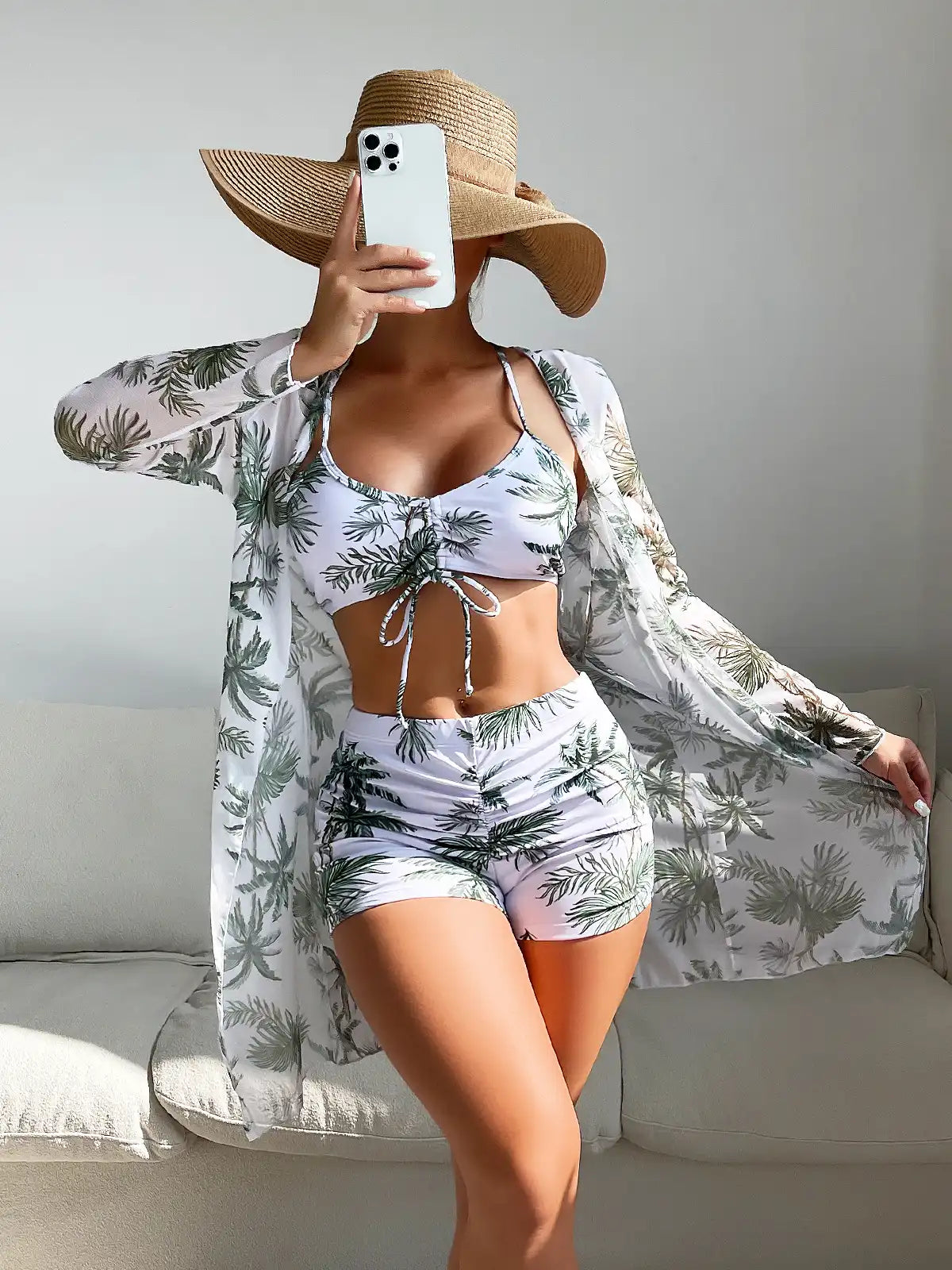 Women's Tropical Print 3-Piece Bikini Set - High Waist & Long Sleeve