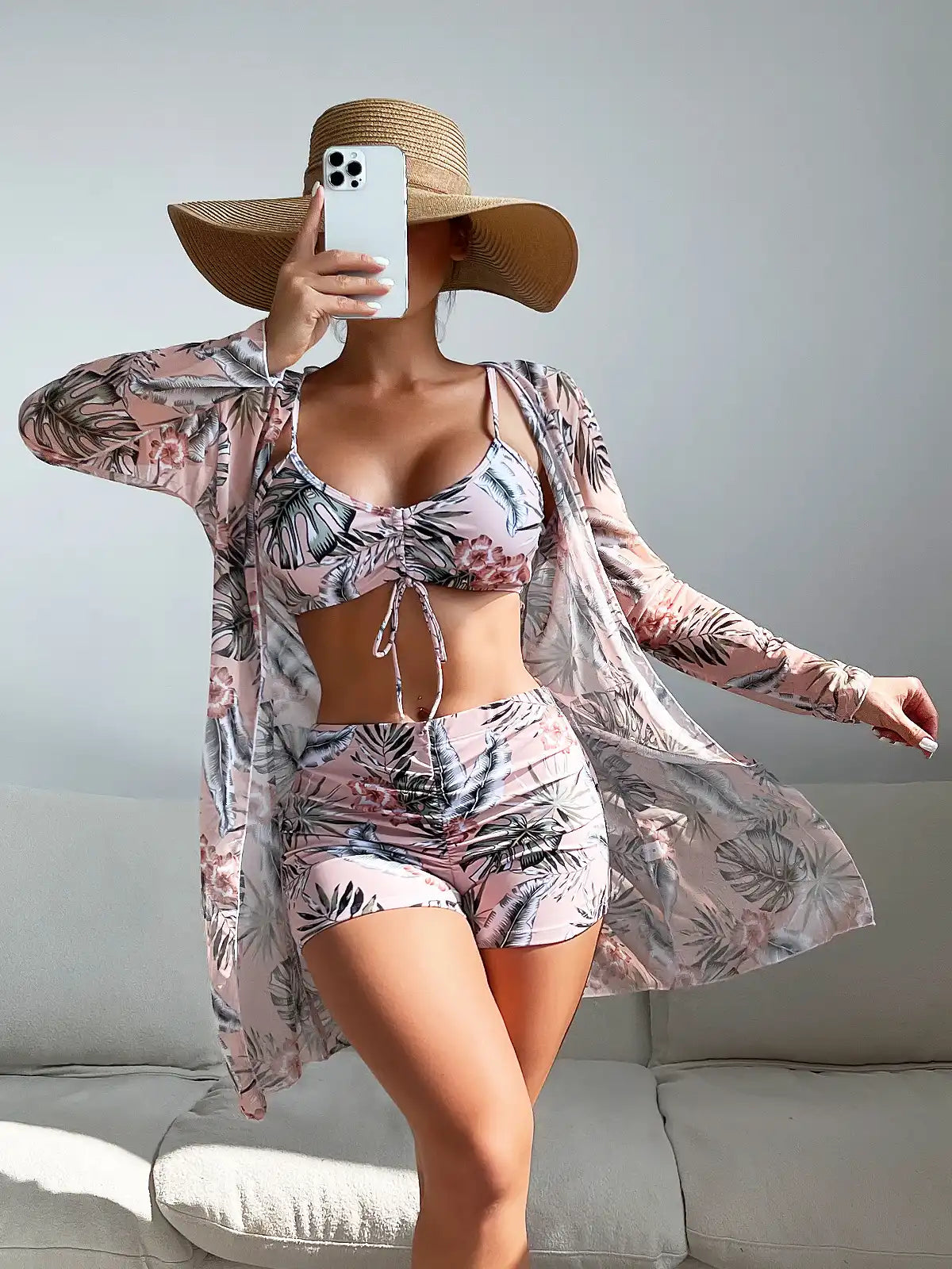 Women's Tropical Print 3-Piece Bikini Set - High Waist & Long Sleeve