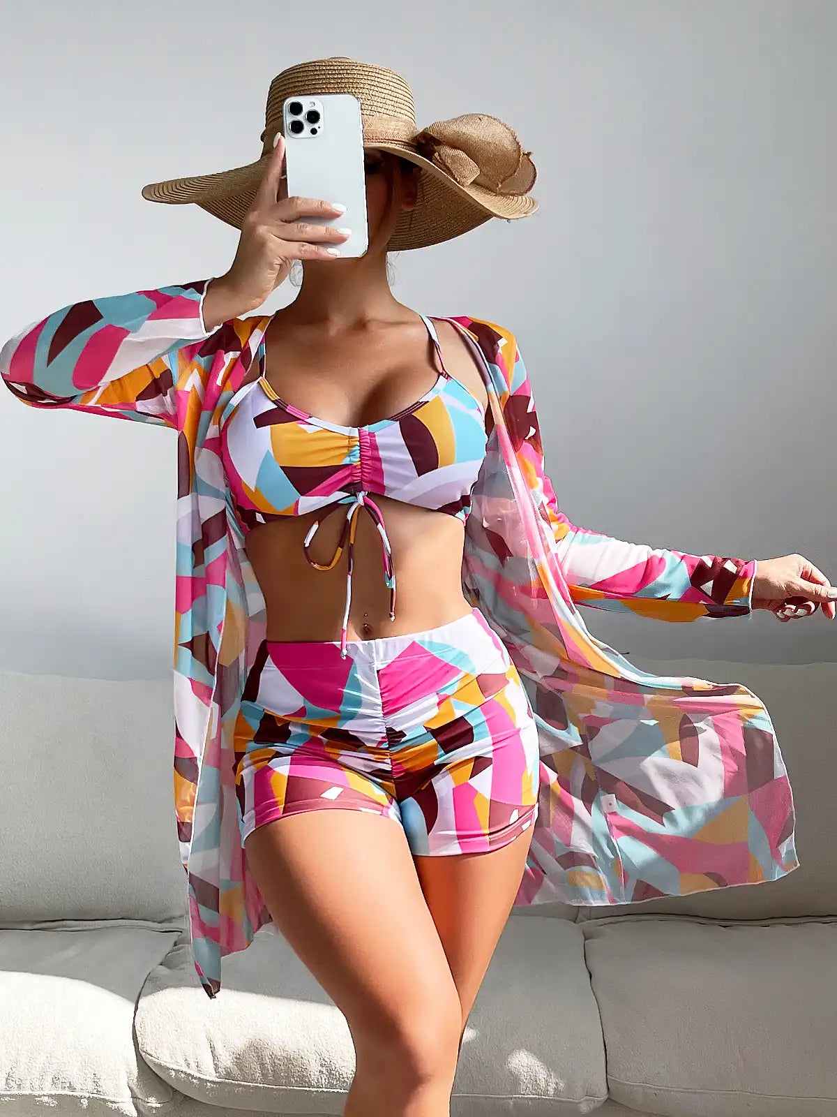 Women's Tropical Print 3-Piece Bikini Set - High Waist & Long Sleeve