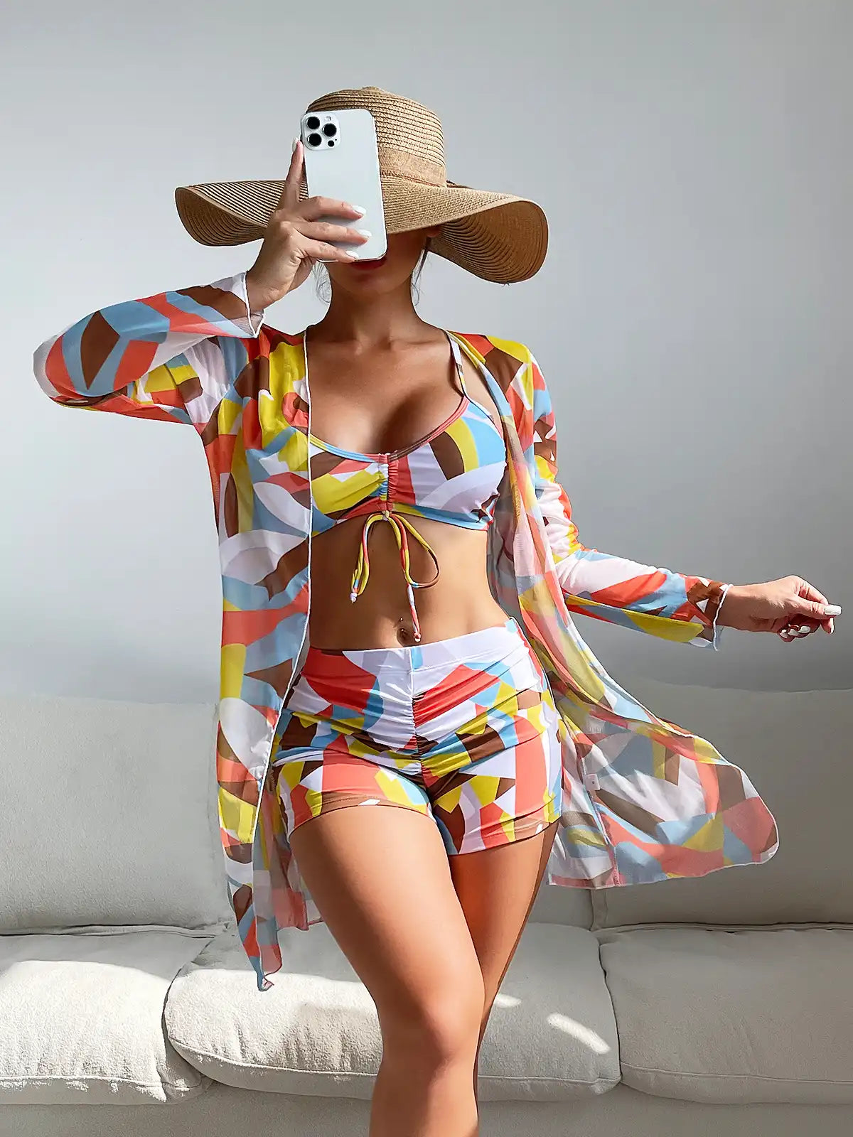 Women's Tropical Print 3-Piece Bikini Set - High Waist & Long Sleeve