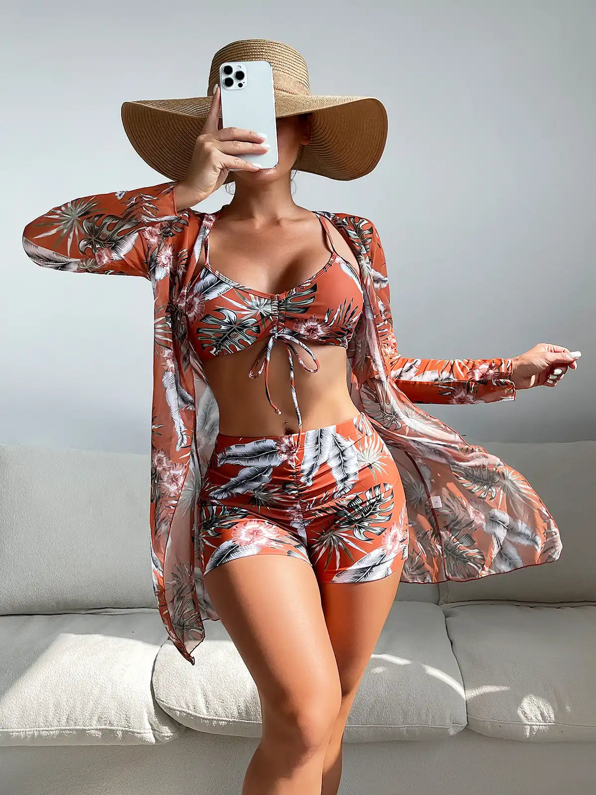 Women's Tropical Print 3-Piece Bikini Set - High Waist & Long Sleeve