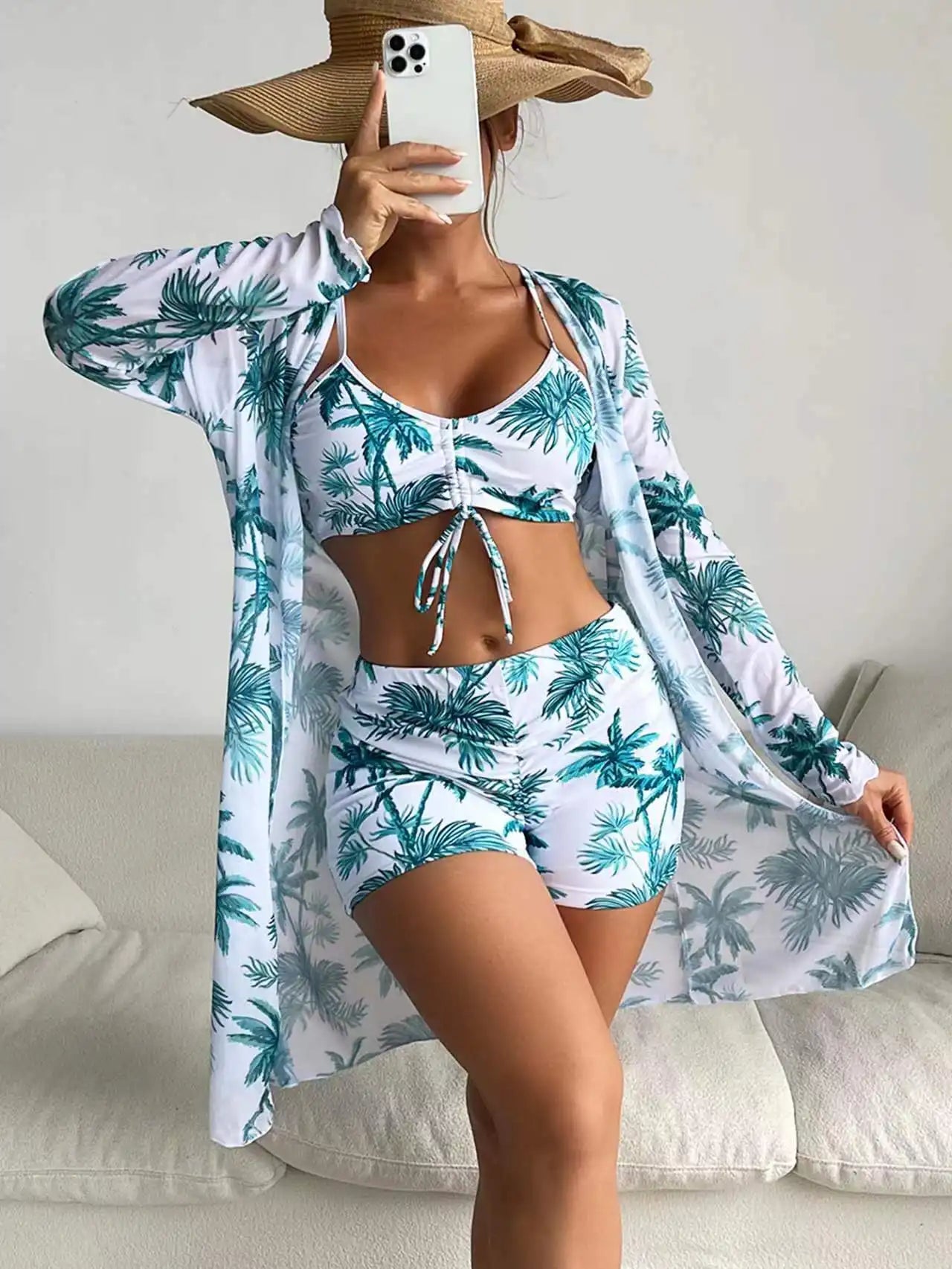Women's Tropical Print 3-Piece Bikini Set - High Waist & Long Sleeve