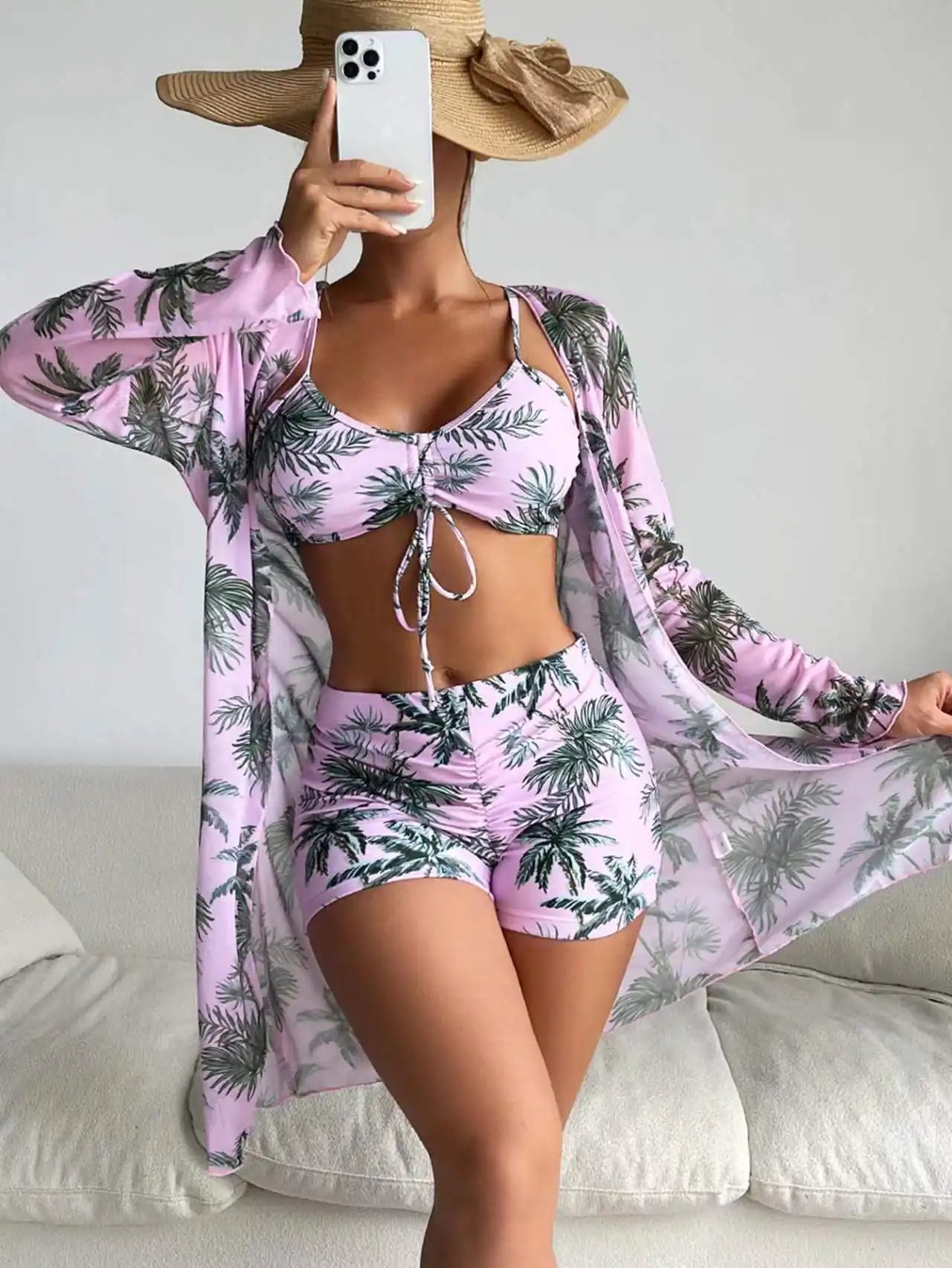 Women's Tropical Print 3-Piece Bikini Set - High Waist & Long Sleeve