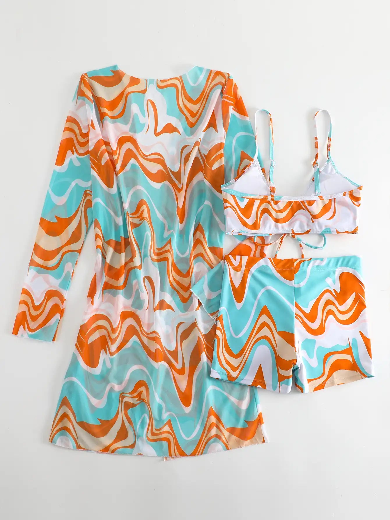 Women's Tropical Print 3-Piece Bikini Set - High Waist & Long Sleeve