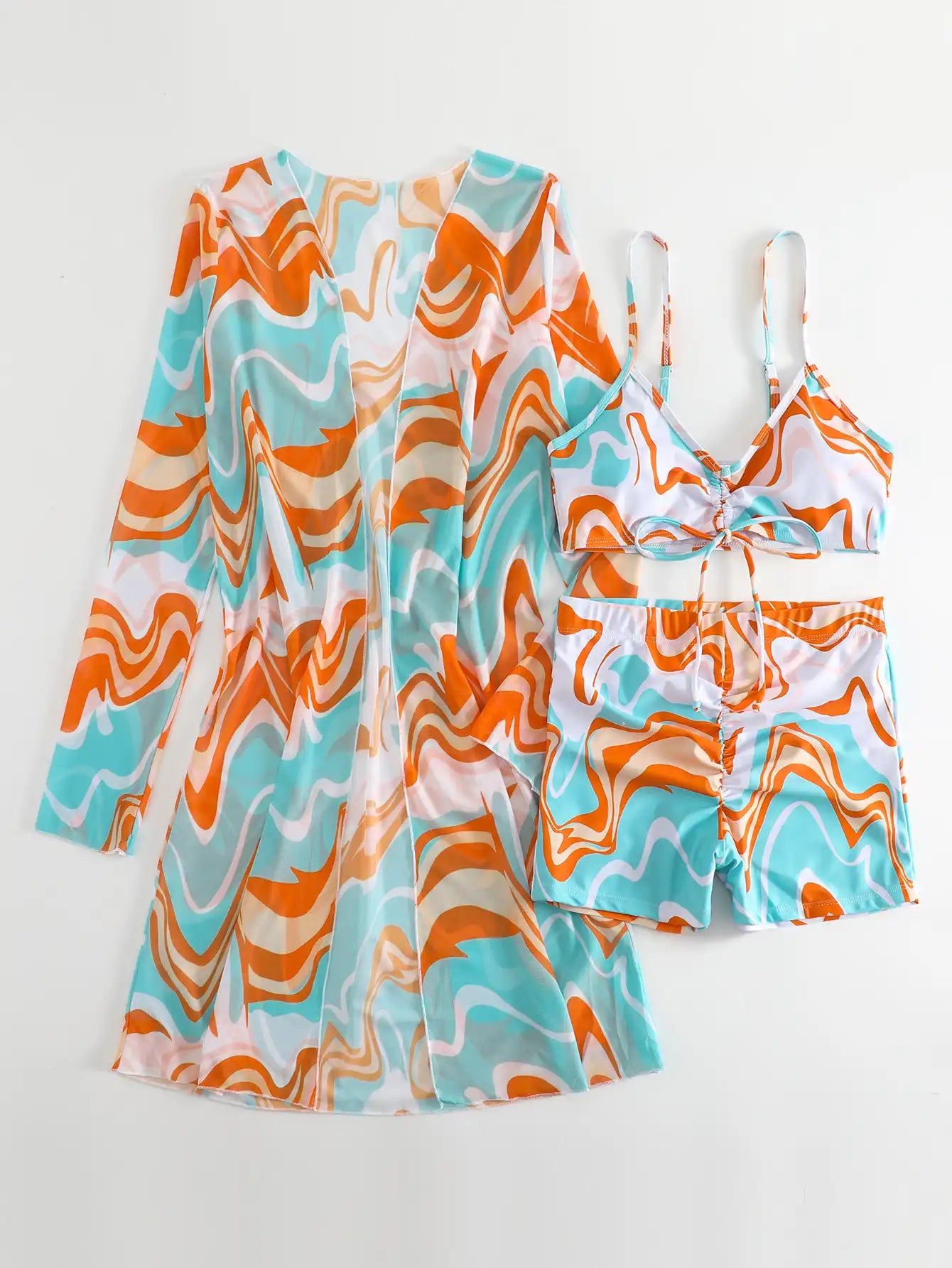 Women's Tropical Print 3-Piece Bikini Set - High Waist & Long Sleeve