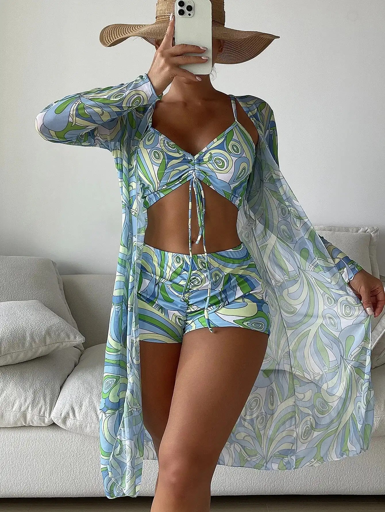 Women's Tropical Print 3-Piece Bikini Set - High Waist & Long Sleeve