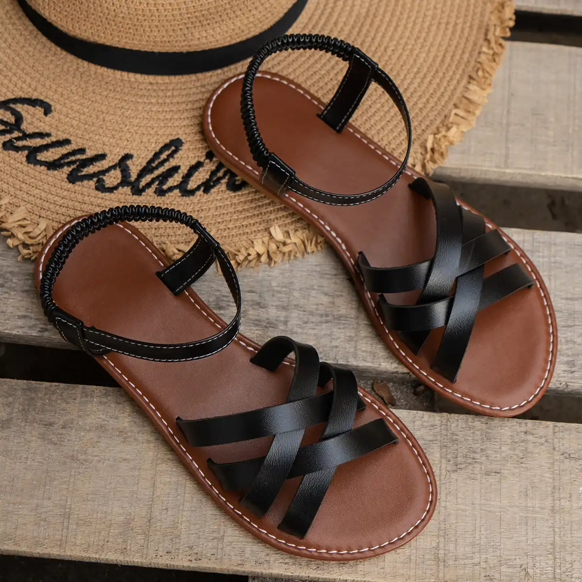 Women's Cross Strap Roman Sandals - Slip-On Beach Slippers, Non-Slip Sole