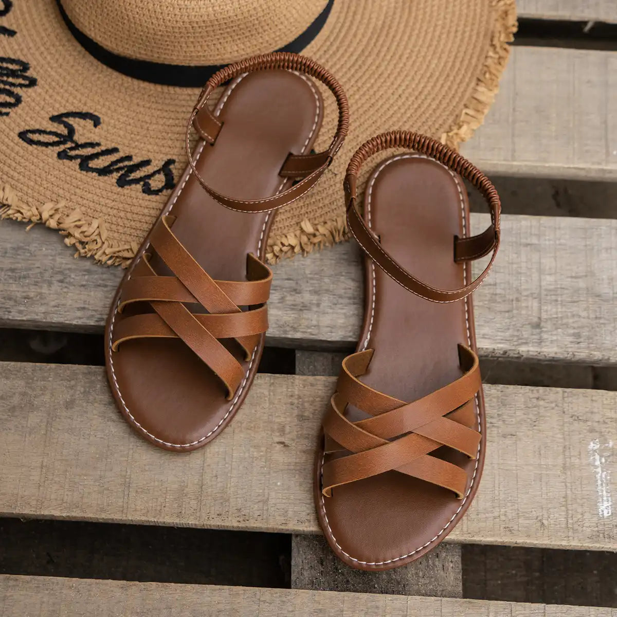 Women's Cross Strap Roman Sandals - Slip-On Beach Slippers, Non-Slip Sole