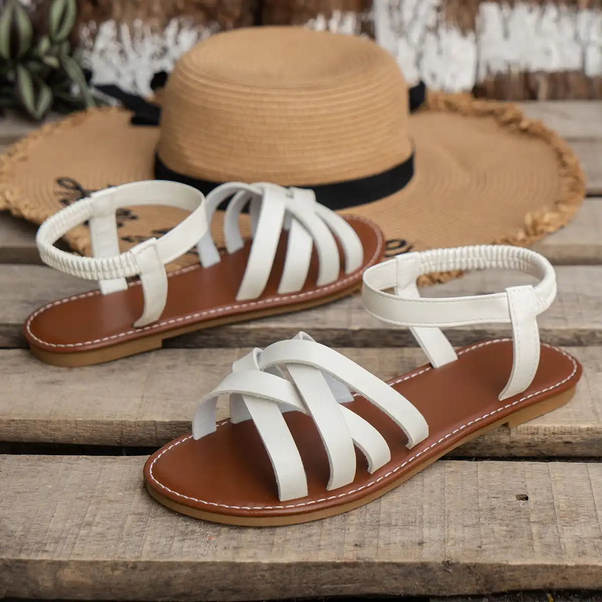 Women's Cross Strap Roman Sandals - Slip-On Beach Slippers, Non-Slip Sole