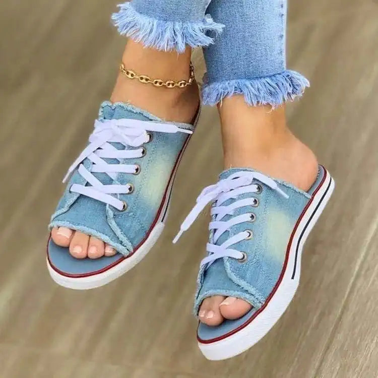 Women's Denim Lace-Up Sandals - Comfort Flat