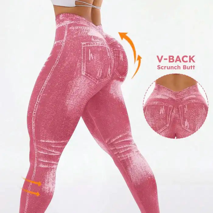 Women's Denim Look V-Back Yoga Leggings