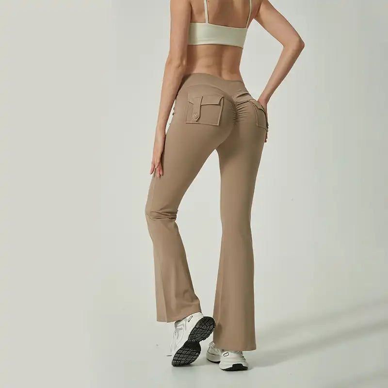 Women's Flare Yoga Pants with Pockets - High-Waisted, Quick-Dry & Pleated