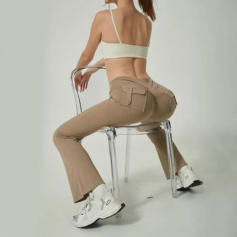 Women's Flare Yoga Pants with Pockets - High-Waisted, Quick-Dry & Pleated