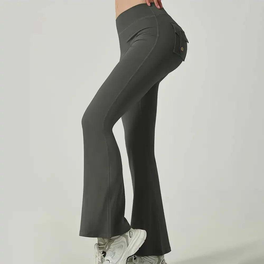 Women's Flare Yoga Pants with Pockets - High-Waisted, Quick-Dry & Pleated