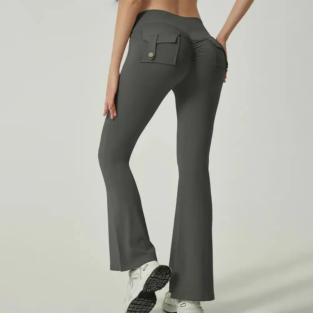 Women's Flare Yoga Pants with Pockets - High-Waisted, Quick-Dry & Pleated