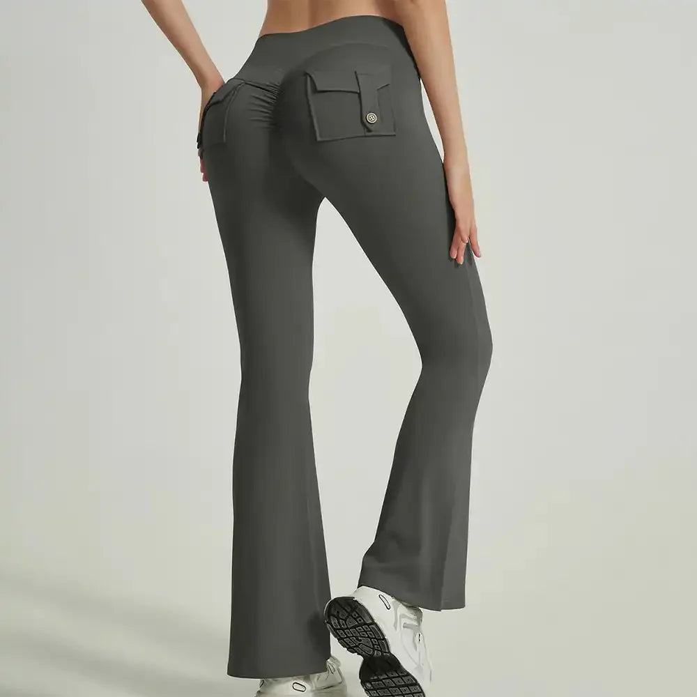 Women's Flare Yoga Pants with Pockets - High-Waisted, Quick-Dry & Pleated
