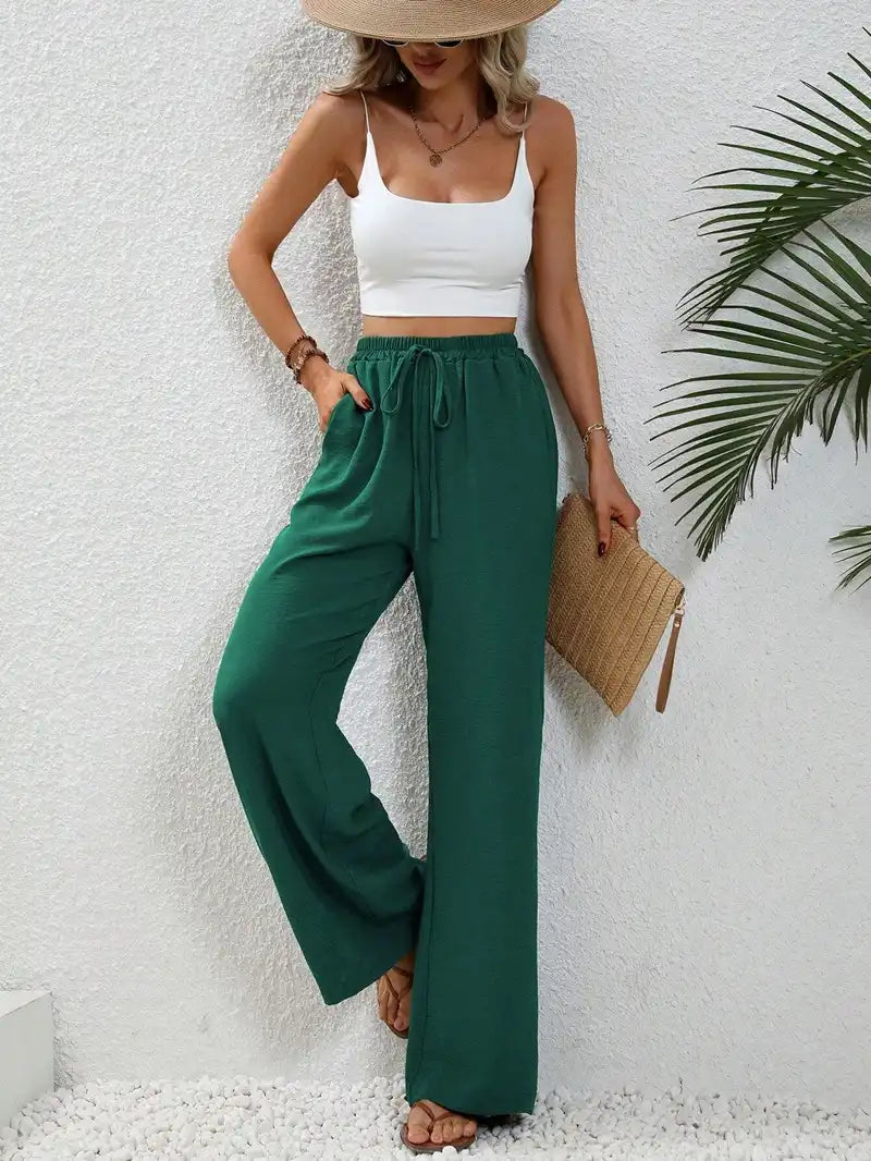 Women's Floor-length Wide Leg Casual Pants Elastic Waist