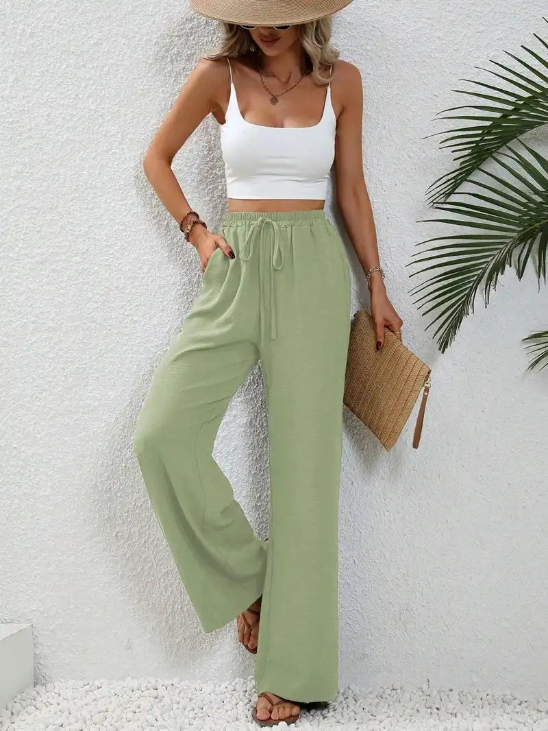 Women's Floor-length Wide Leg Casual Pants Elastic Waist