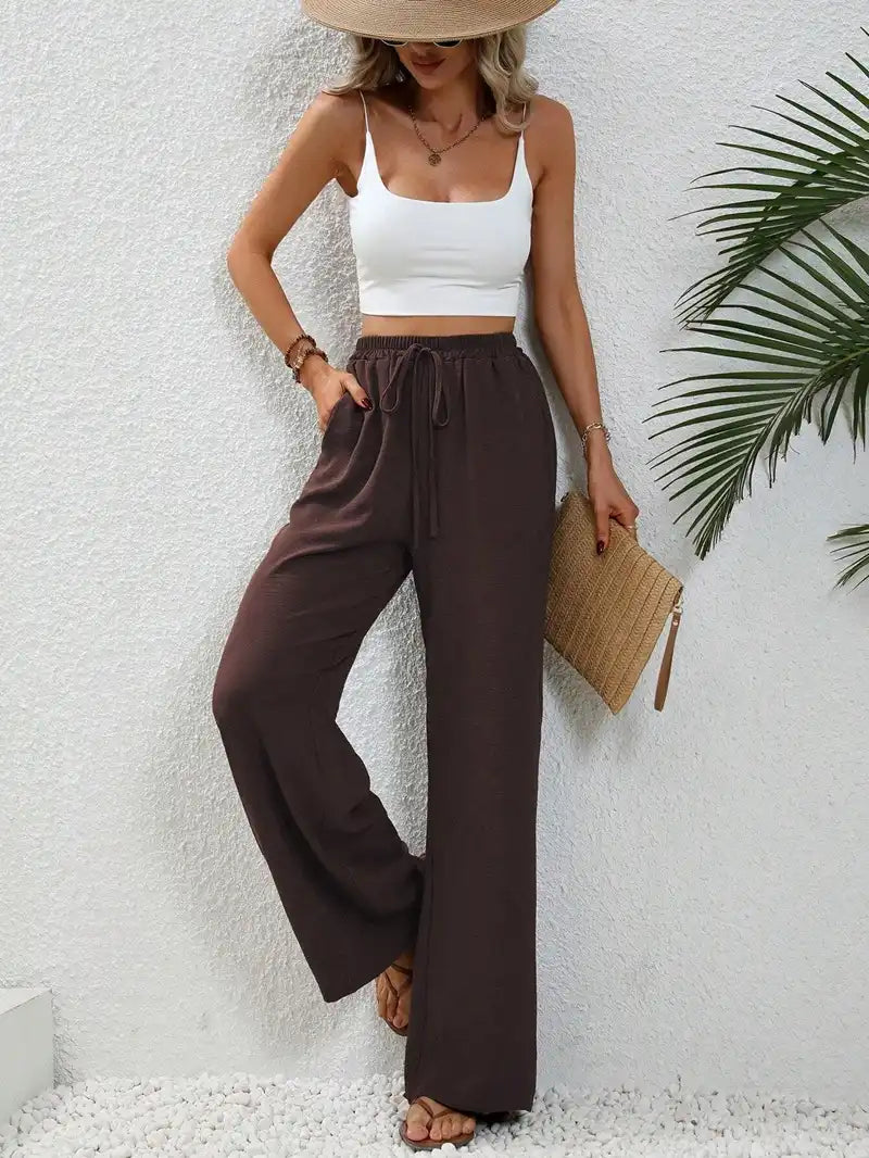 Women's Floor-length Wide Leg Casual Pants Elastic Waist