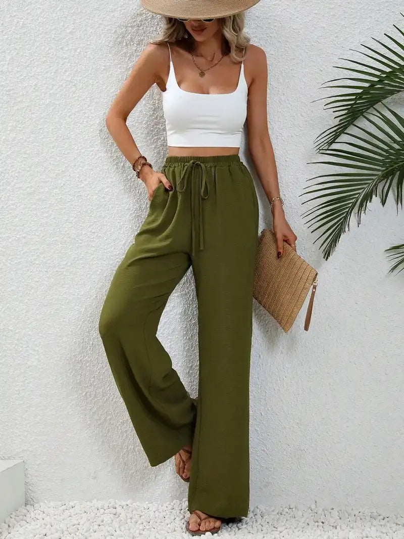 Women's Floor-length Wide Leg Casual Pants Elastic Waist