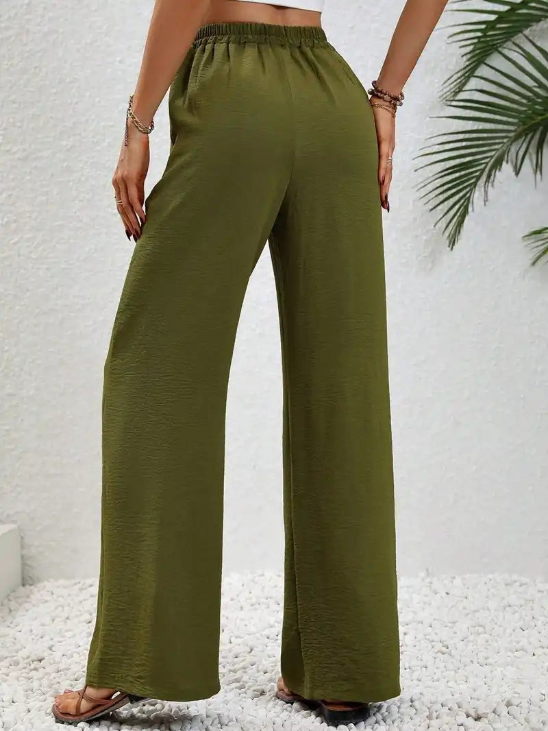 Women's Floor-length Wide Leg Casual Pants Elastic Waist