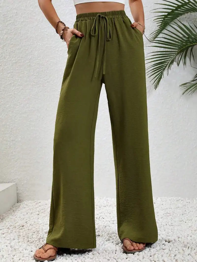 Women's Floor-length Wide Leg Casual Pants Elastic Waist