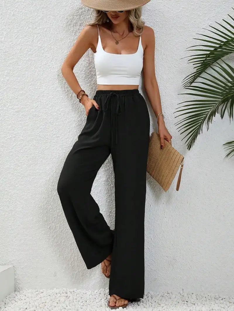 Women's Floor-length Wide Leg Casual Pants Elastic Waist