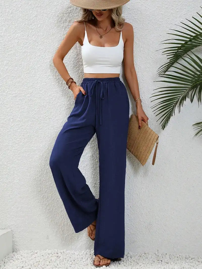 Women's Floor-length Wide Leg Casual Pants Elastic Waist