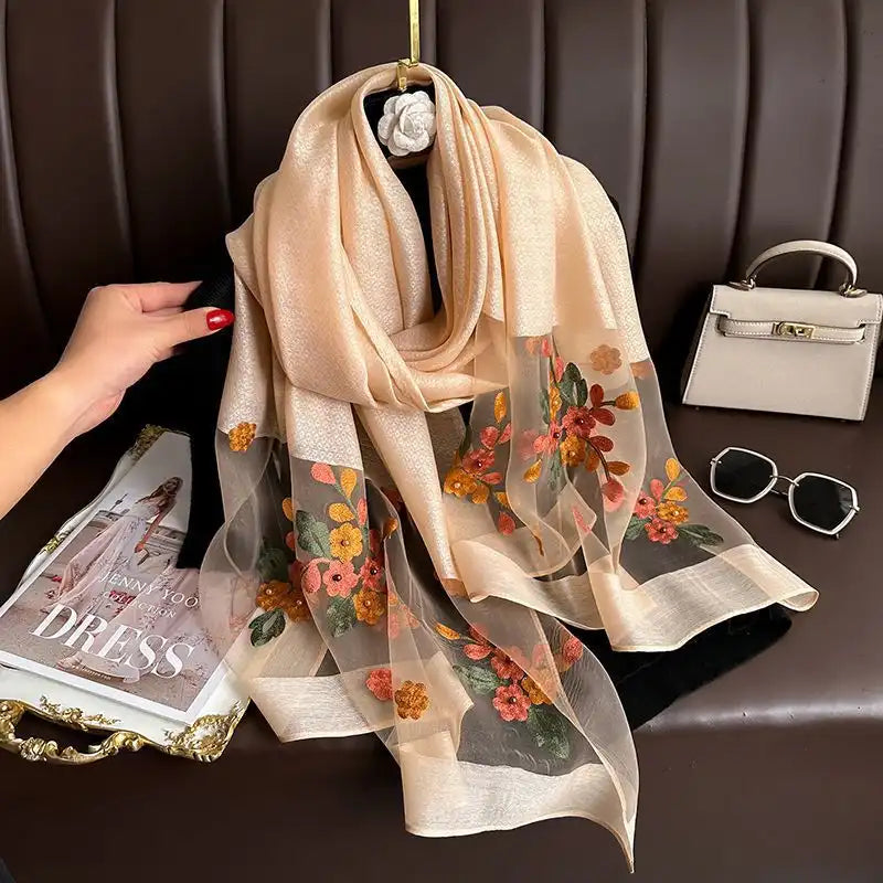 Women's Floral Embroidered Scarf Wrap - Silk-Like Lightweight All-Season Cover
