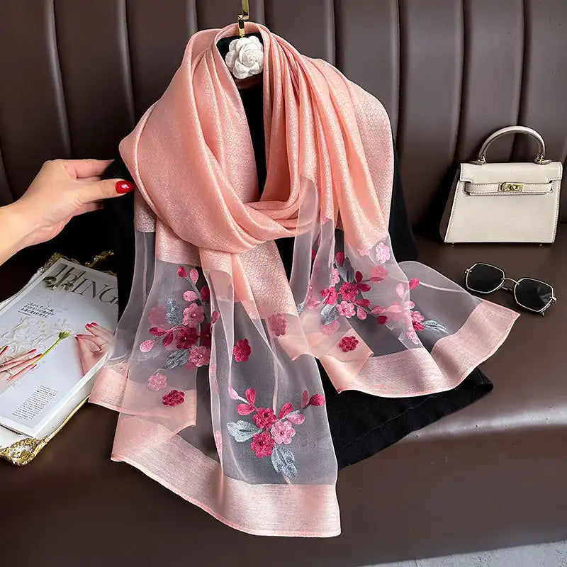 Women's Floral Embroidered Scarf Wrap - Silk-Like Lightweight All-Season Cover