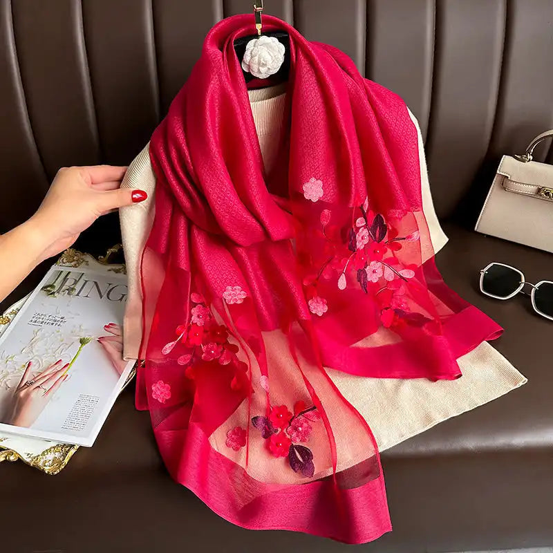 Women's Floral Embroidered Scarf Wrap - Silk-Like Lightweight All-Season Cover