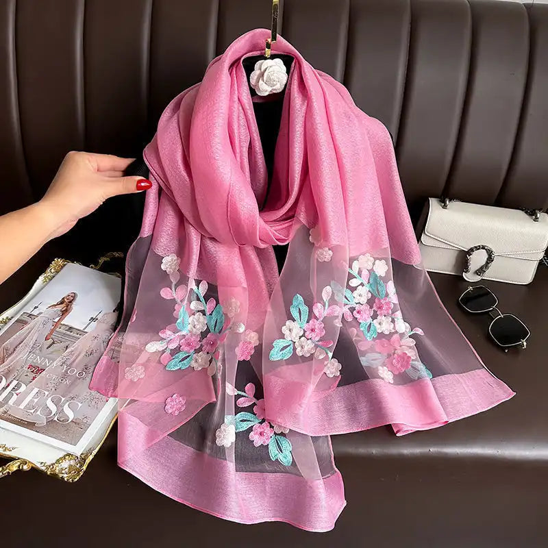 Women's Floral Embroidered Scarf Wrap - Silk-Like Lightweight All-Season Cover