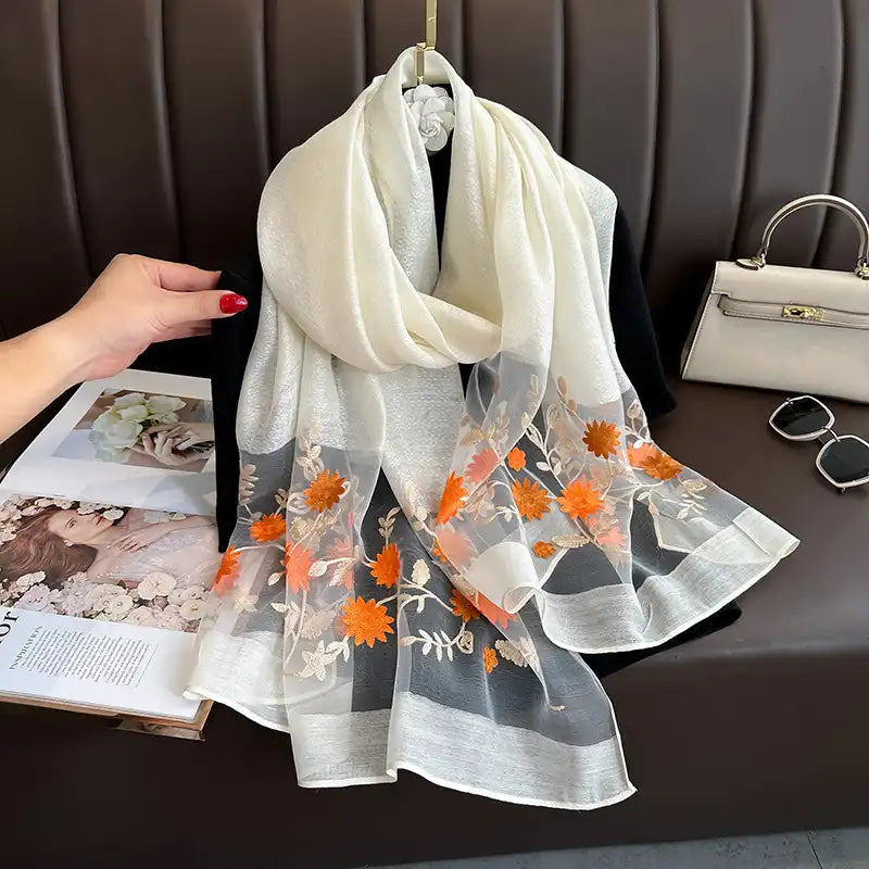 Women's Floral Embroidered Scarf Wrap - Silk-Like Lightweight All-Season Cover