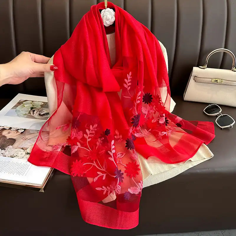 Women's Floral Embroidered Scarf Wrap - Silk-Like Lightweight All-Season Cover