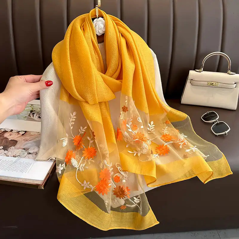 Women's Floral Embroidered Scarf Wrap - Silk-Like Lightweight All-Season Cover