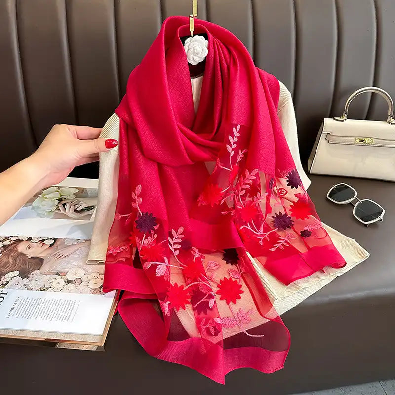 Women's Floral Embroidered Scarf Wrap - Silk-Like Lightweight All-Season Cover