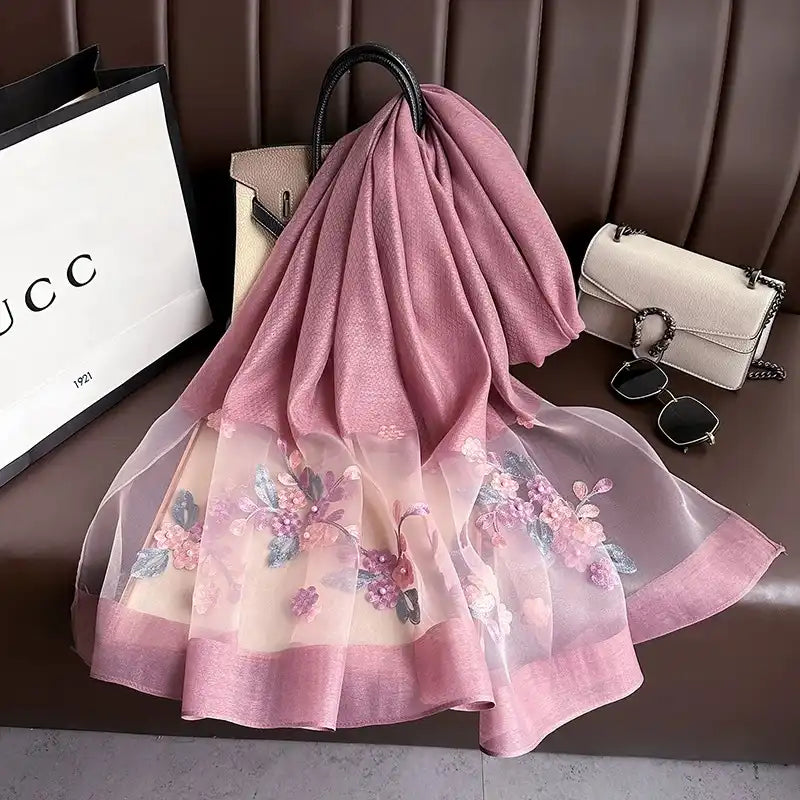 Women's Floral Embroidered Scarf Wrap - Silk-Like Lightweight All-Season Cover