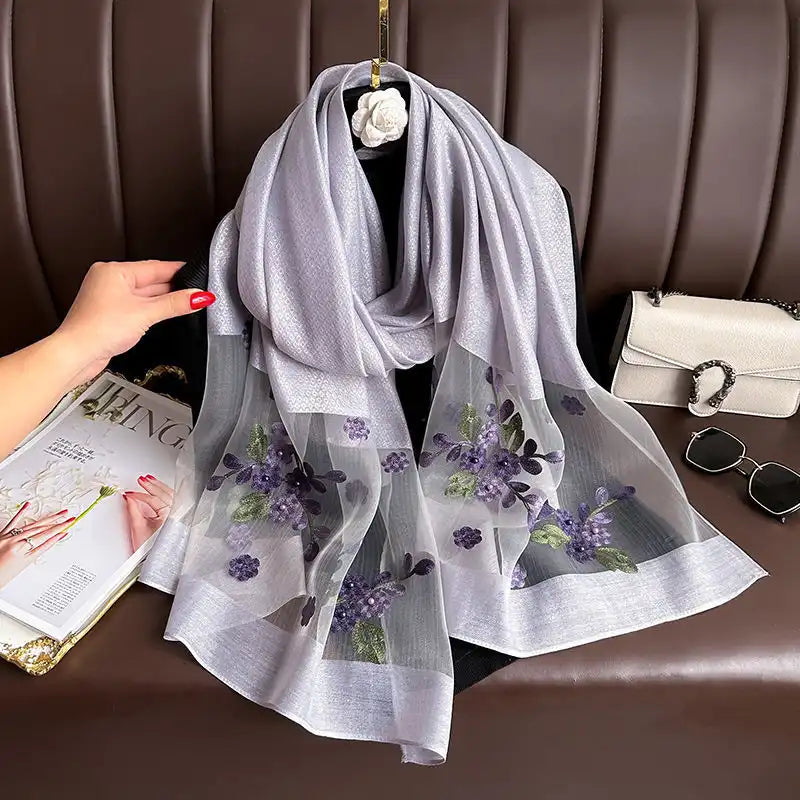 Women's Floral Embroidered Scarf Wrap - Silk-Like Lightweight All-Season Cover