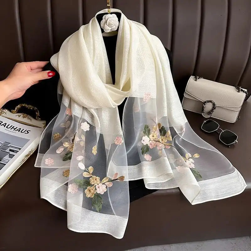 Women's Floral Embroidered Scarf Wrap - Silk-Like Lightweight All-Season Cover