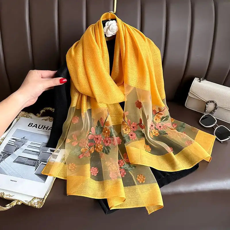 Women's Floral Embroidered Scarf Wrap - Silk-Like Lightweight All-Season Cover