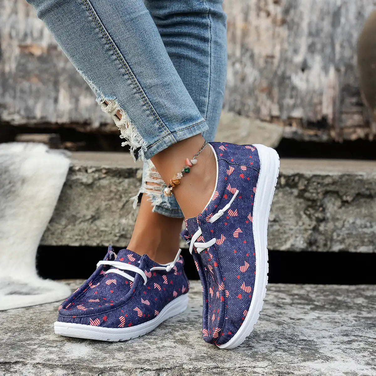 Women's Floral Tie-Front Canvas Shoes - Casual Low Top Sneakers